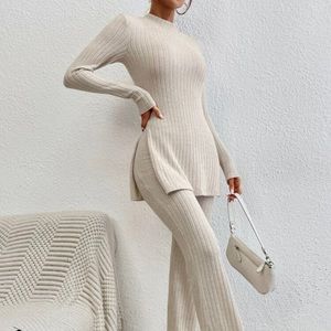 SHEIN Unity Mock Neck Split Hem Tee & Flare Leg Pants